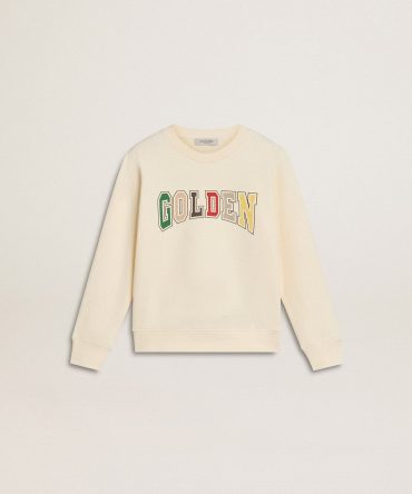 Sweatshirt in aged white with multicolor Golden lettering on the front