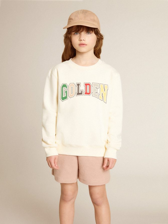 Sweatshirt in aged white with multicolor Golden lettering on the front - Image 2