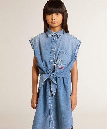Girls’ denim dress with front knot and embroidery