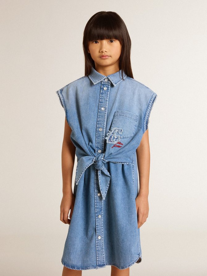 Girls’ denim dress with front knot and embroidery