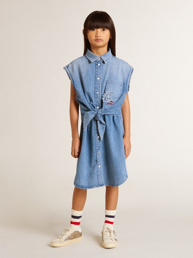 Girls’ denim dress with front knot and embroidery - Image 2