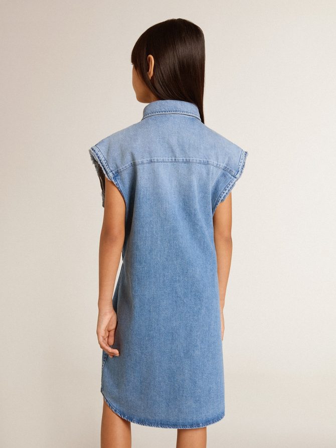 Girls’ denim dress with front knot and embroidery - Image 3