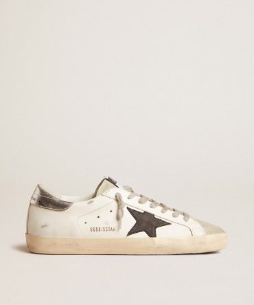 Men’s Super-Star in white leather with black nubuck star and silver metallic leather heel tab