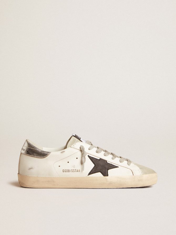 Men’s Super-Star in white leather with black nubuck star and silver metallic leather heel tab