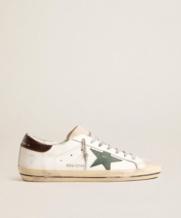 Men’s Super-Star in white leather with green star and animal-print heel tab