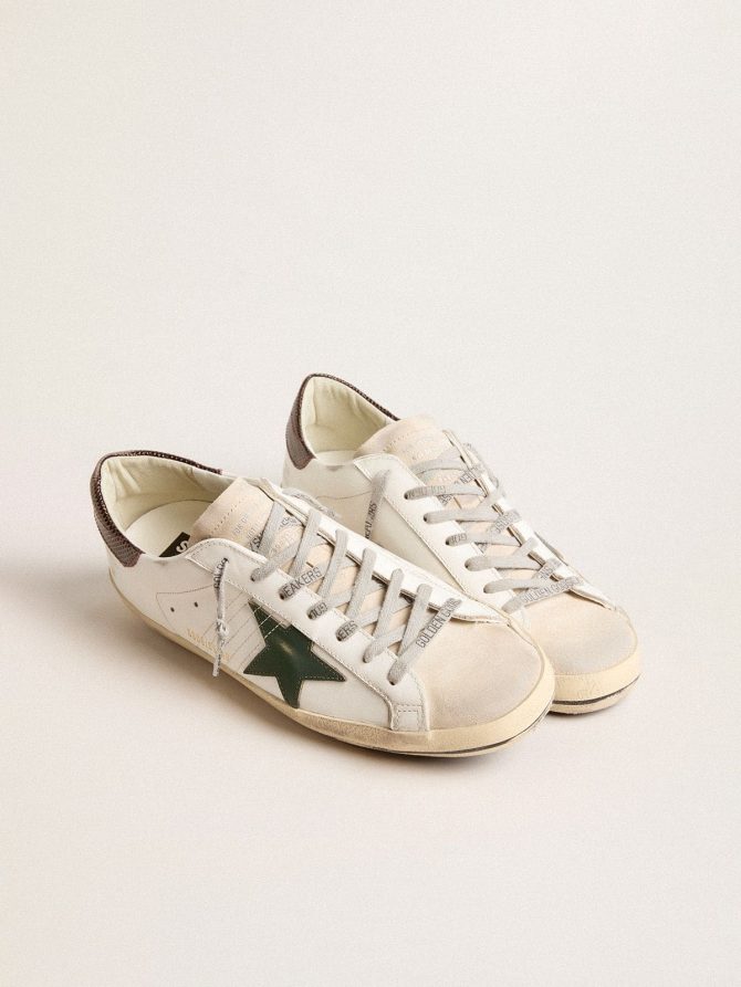 Men’s Super-Star in white leather with green star and animal-print heel tab - Image 2
