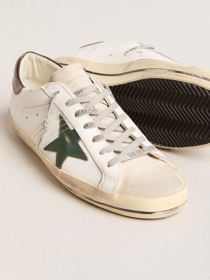 Men’s Super-Star in white leather with green star and animal-print heel tab - Image 3