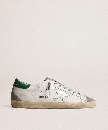 Men’s Super-Star in white leather with silver star and green heel tab