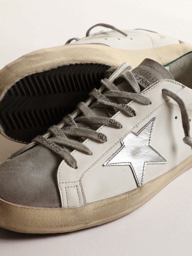 Men’s Super-Star in white leather with silver star and green heel tab - Image 3