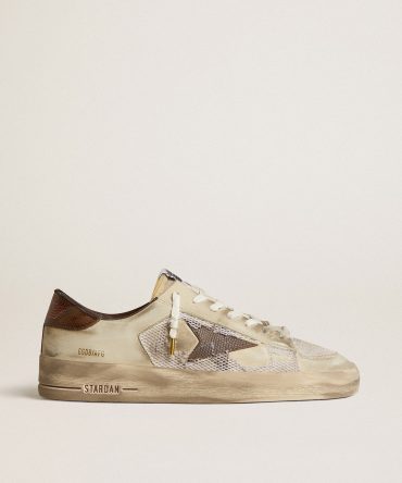 Stardan in nubuck and mesh with brown lizard-print leather star