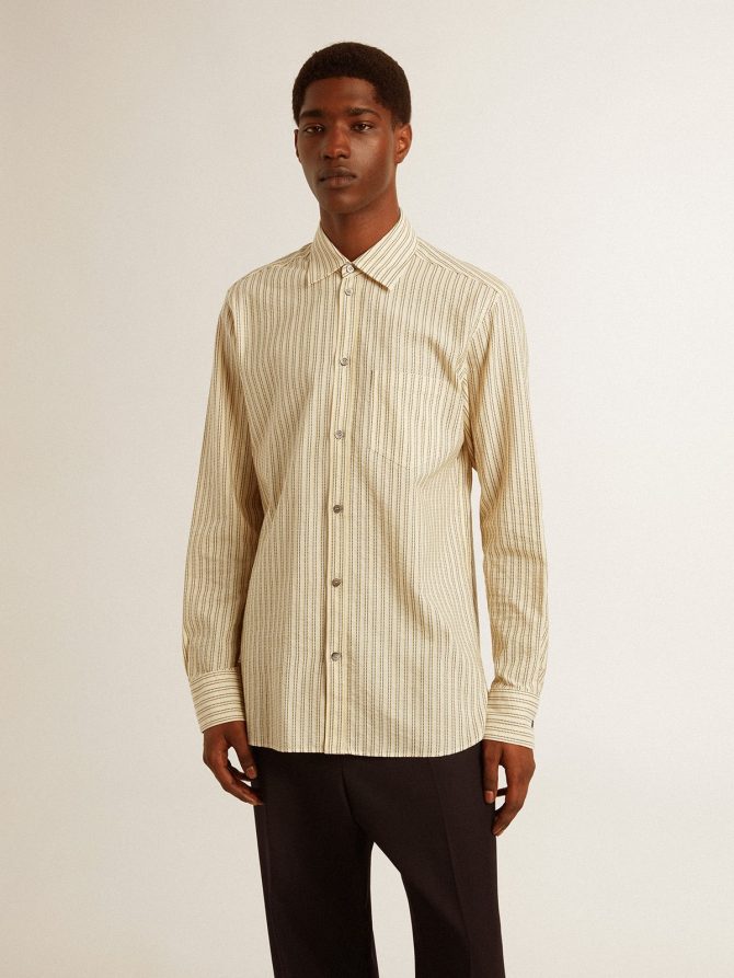 Men’s ecru cotton shirt with narrow black stripes - Image 2