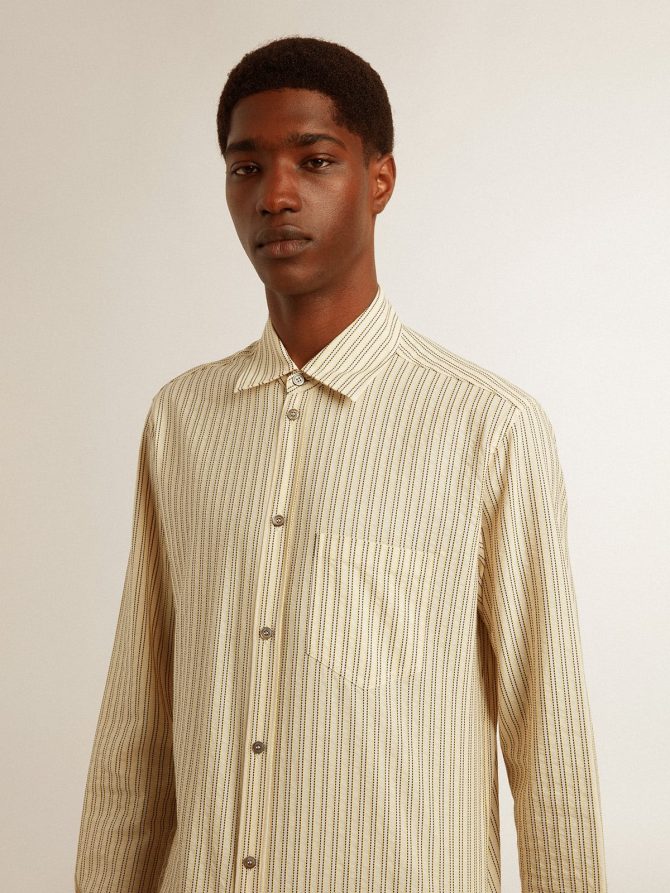 Men’s ecru cotton shirt with narrow black stripes - Image 5