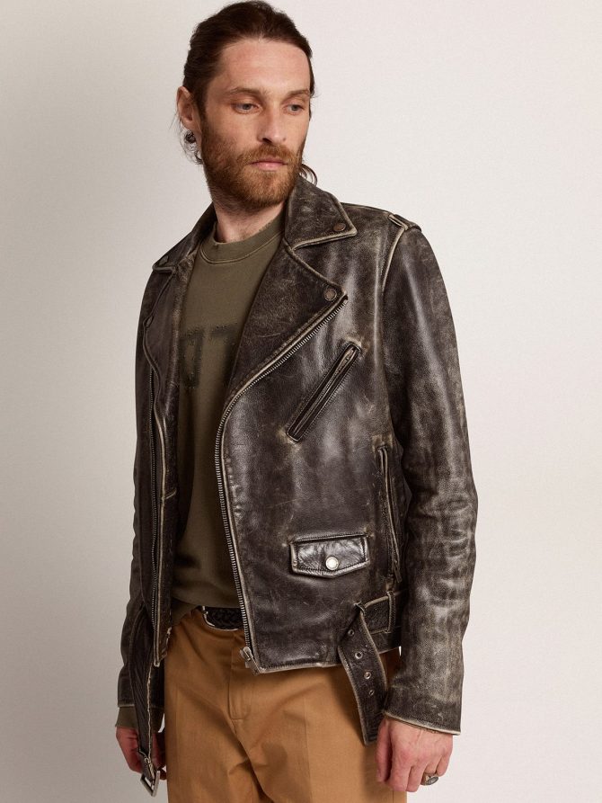 Men’s biker jacket in distressed leather - Image 2