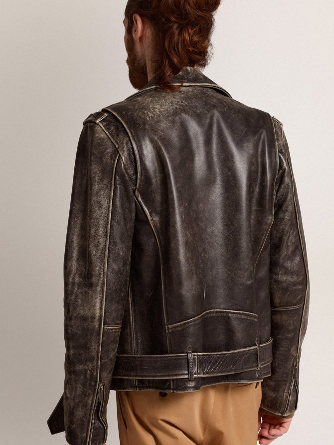 Men’s biker jacket in distressed leather - Image 4