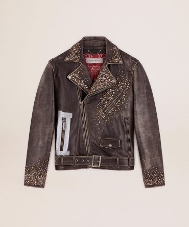Men’s leather biker jacket with hammered studs and adhesive tape