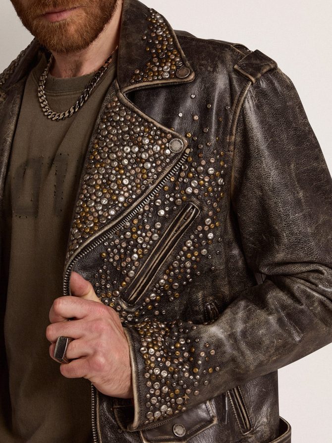 Men’s leather biker jacket with hammered studs and adhesive tape - Image 2