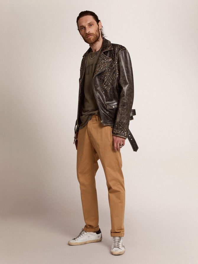 Men’s leather biker jacket with hammered studs and adhesive tape - Image 3