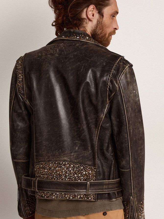 Men’s leather biker jacket with hammered studs and adhesive tape - Image 4