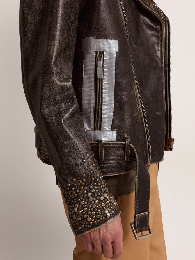 Men’s leather biker jacket with hammered studs and adhesive tape - Image 5