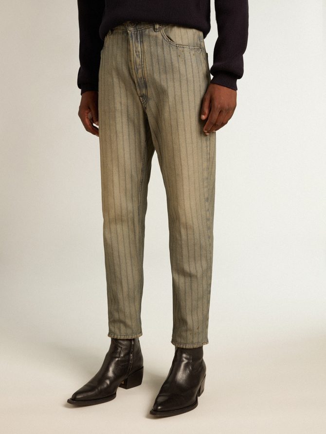 Men’s gray pants in striped denim - Image 2