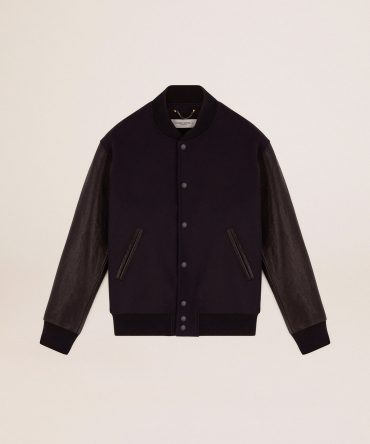 Men’s bomber jacket in dark blue wool with leather sleeves