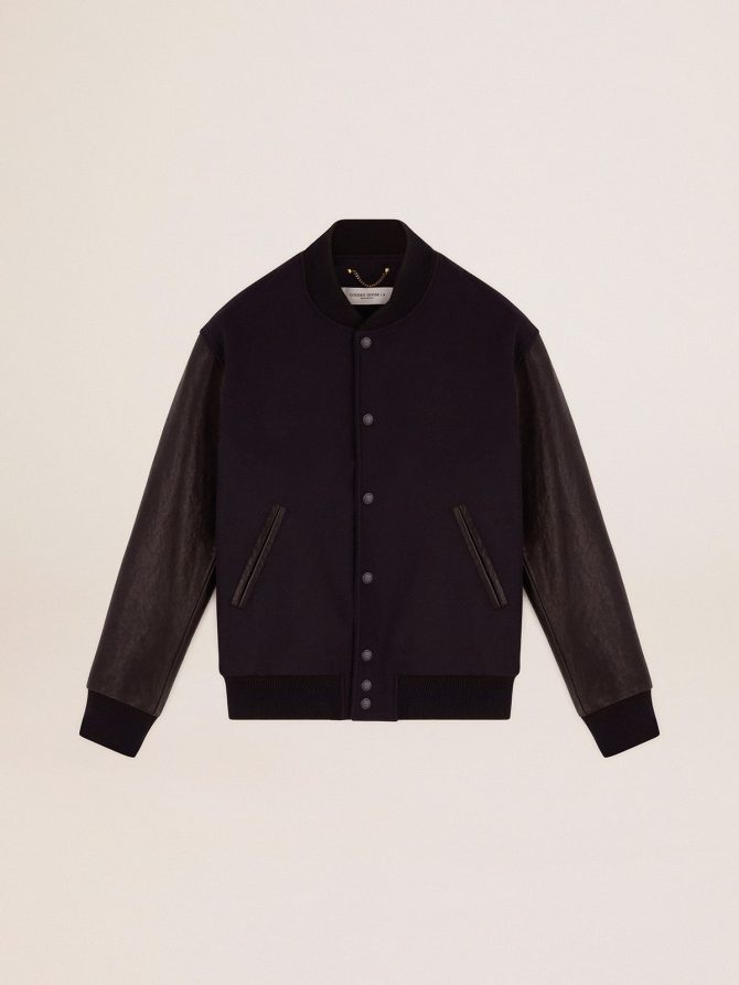 Men’s bomber jacket in dark blue wool with leather sleeves