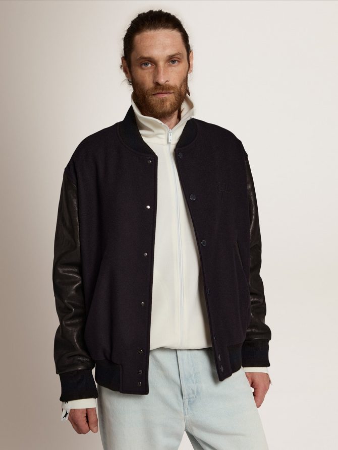 Men’s bomber jacket in dark blue wool with leather sleeves - Image 2