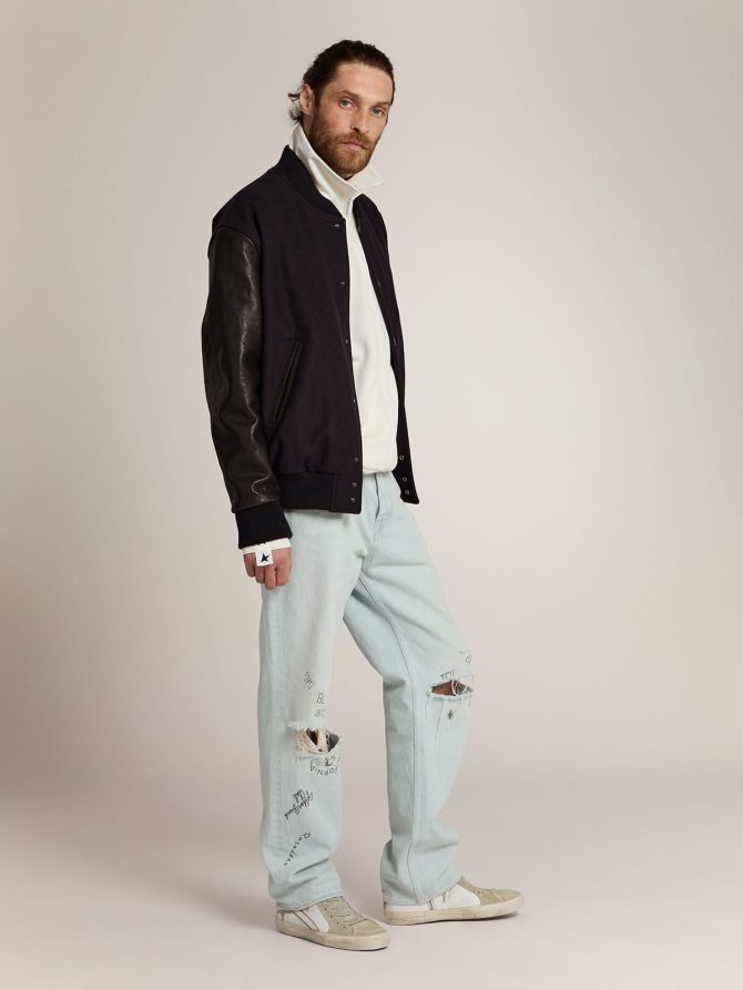 Men’s bomber jacket in dark blue wool with leather sleeves - Image 3