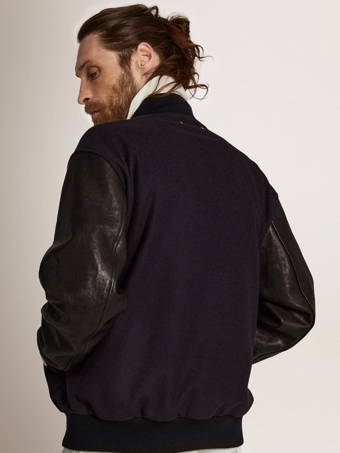 Men’s bomber jacket in dark blue wool with leather sleeves - Image 4