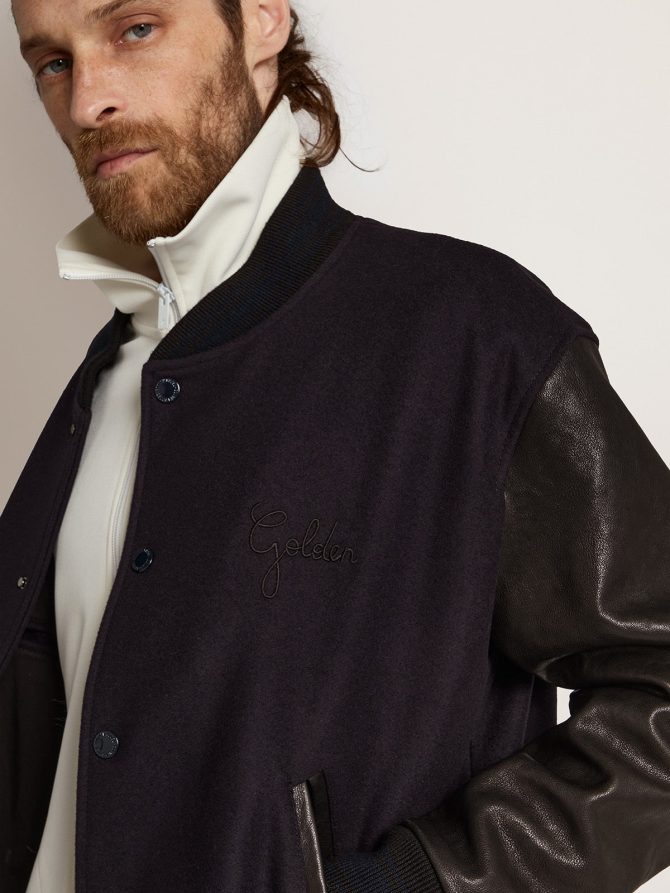 Men’s bomber jacket in dark blue wool with leather sleeves - Image 5