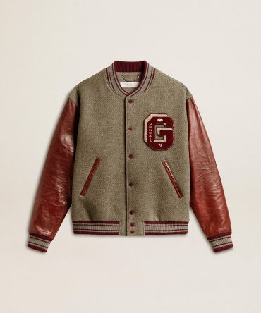 Bomber jacket in gray melange wool with leather sleeves