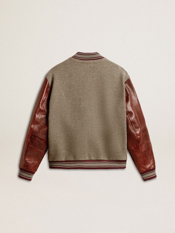 Bomber jacket in gray melange wool with leather sleeves - Image 2