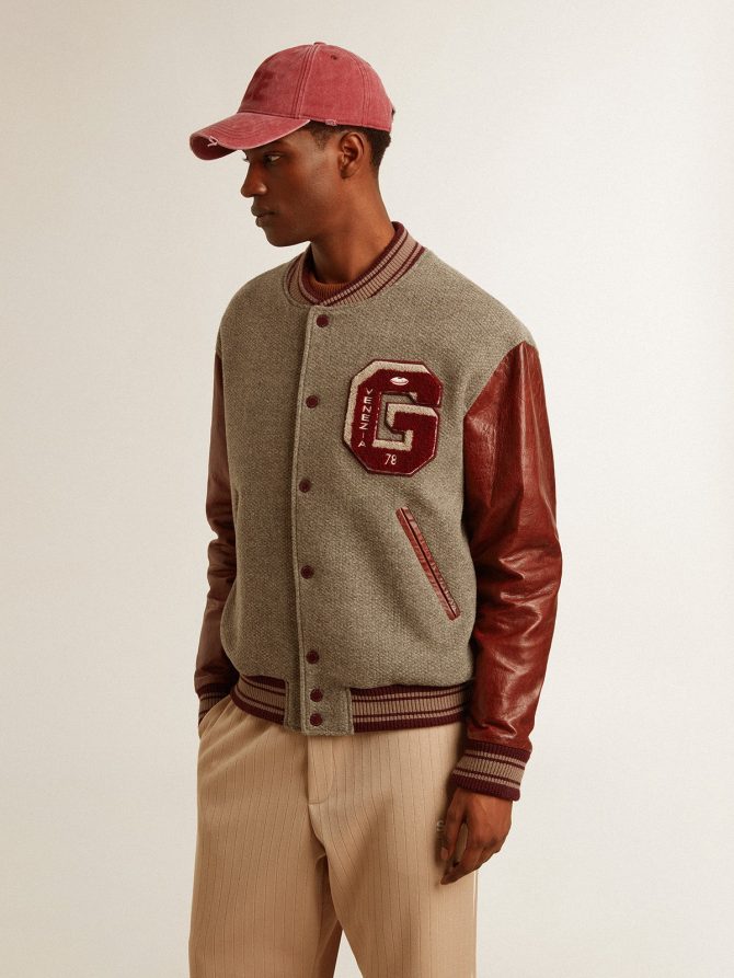 Bomber jacket in gray melange wool with leather sleeves - Image 3