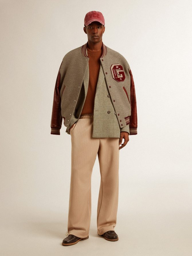 Bomber jacket in gray melange wool with leather sleeves - Image 4