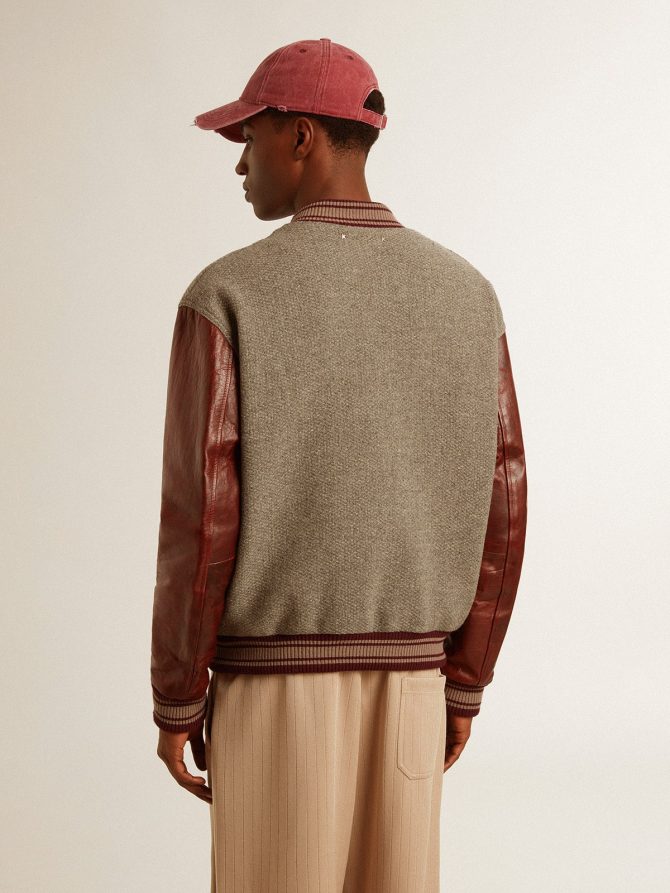 Bomber jacket in gray melange wool with leather sleeves - Image 5