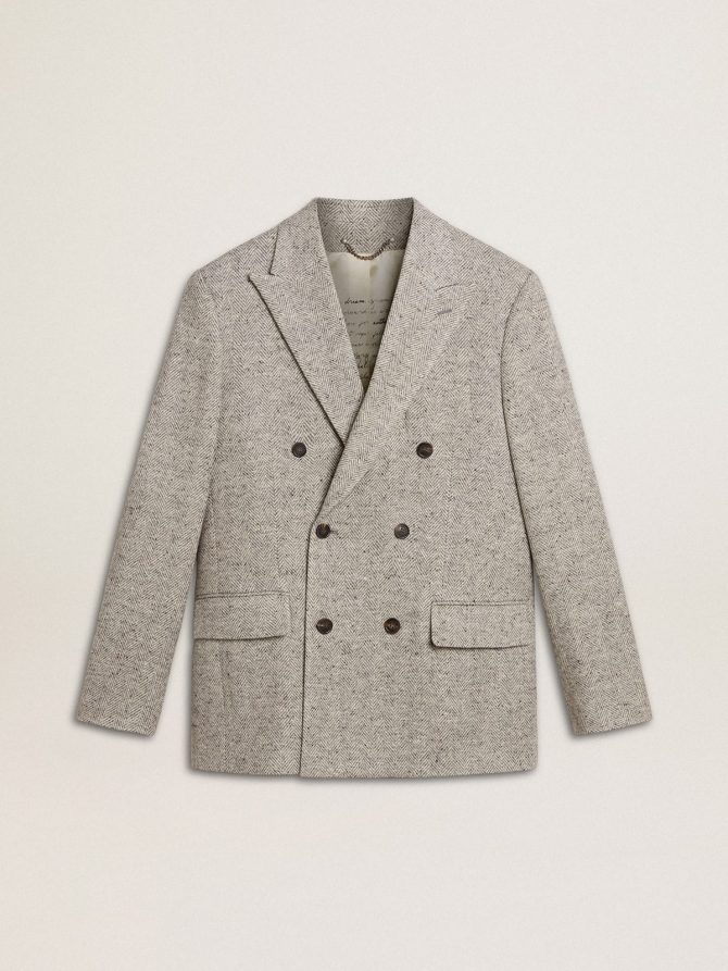 Men’s double-breasted jacket in gray silk and chevron wool