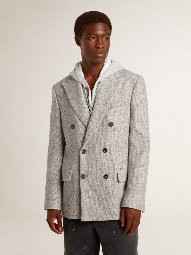 Men’s double-breasted jacket in gray silk and chevron wool - Image 2