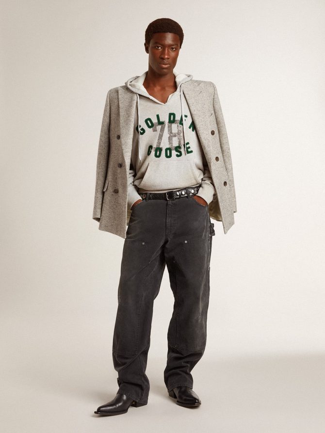 Men’s double-breasted jacket in gray silk and chevron wool - Image 3