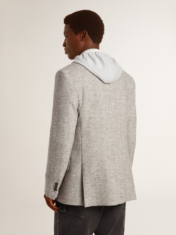 Men’s double-breasted jacket in gray silk and chevron wool - Image 4
