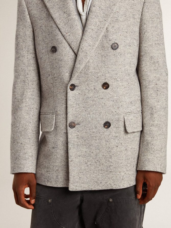 Men’s double-breasted jacket in gray silk and chevron wool - Image 5