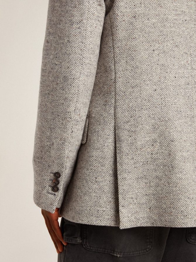 Men’s double-breasted jacket in gray silk and chevron wool - Image 6