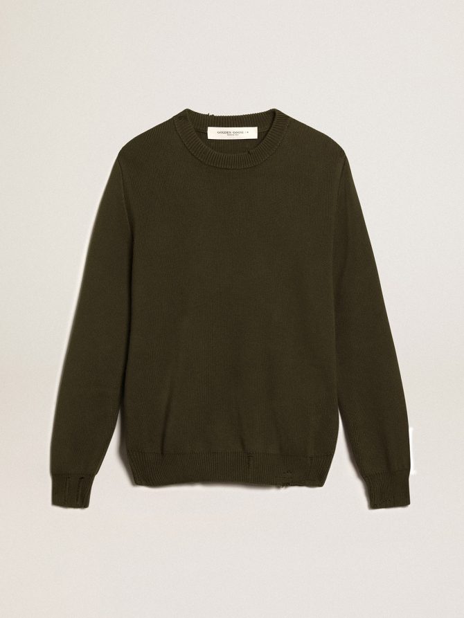 Men’s round-neck sweater in military green cotton