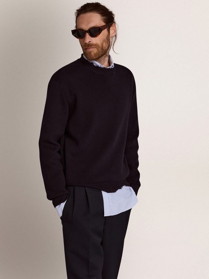Men’s round-neck sweater in dark blue cotton - Image 2