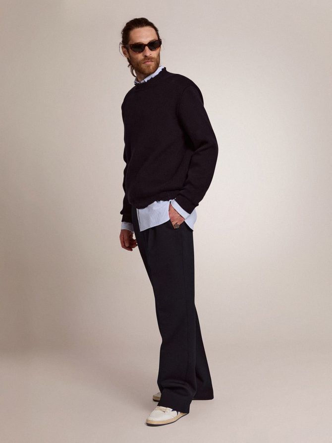 Men’s round-neck sweater in dark blue cotton - Image 3