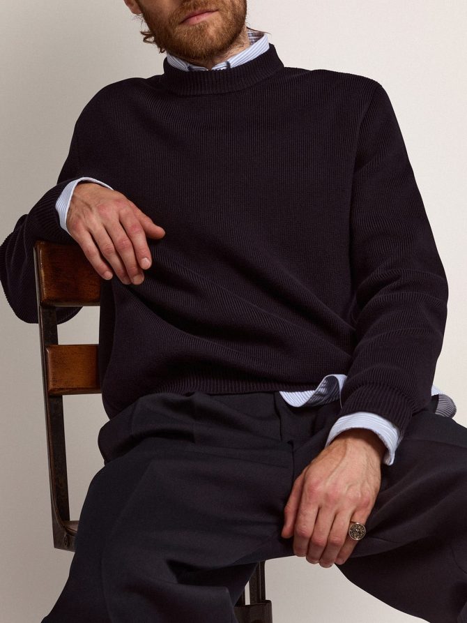 Men’s round-neck sweater in dark blue cotton with logo - Image 2