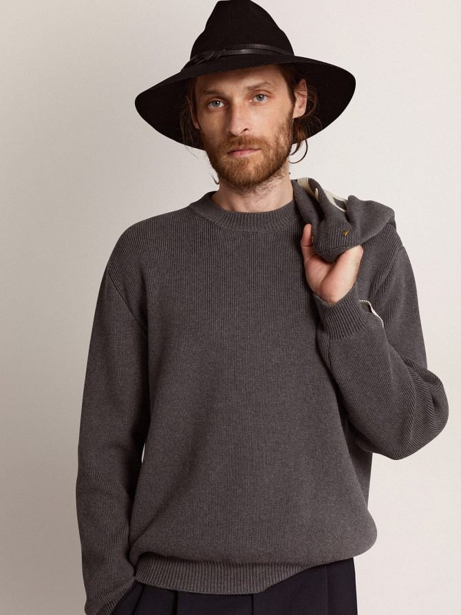 Men’s round-neck sweater in dark gray cotton with logo on the back - Image 2