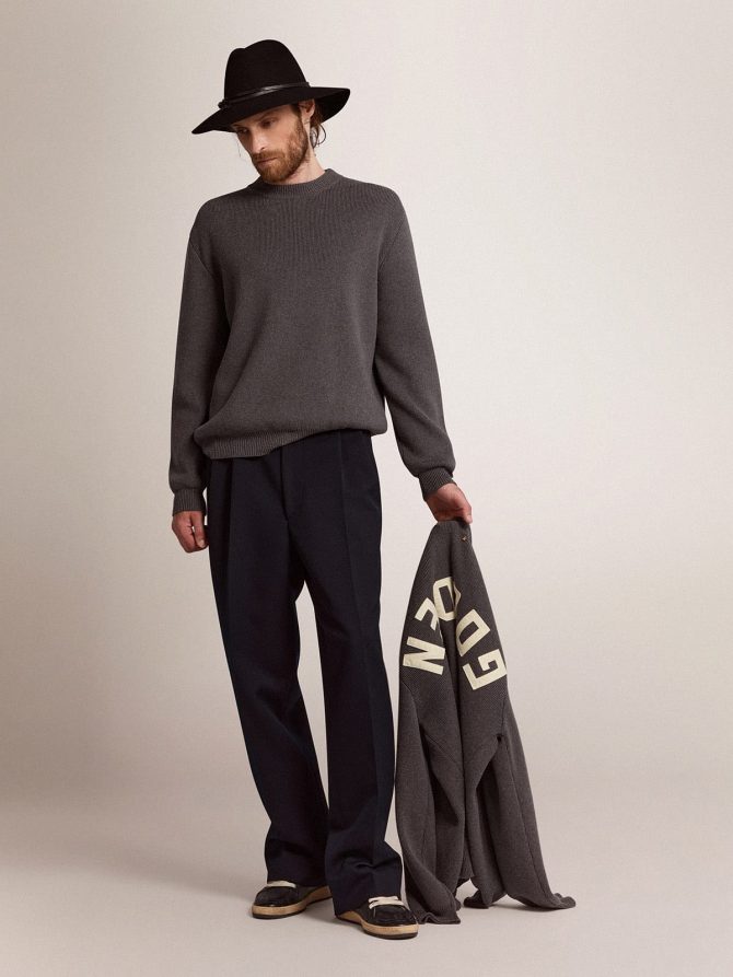 Men’s round-neck sweater in dark gray cotton with logo on the back - Image 3