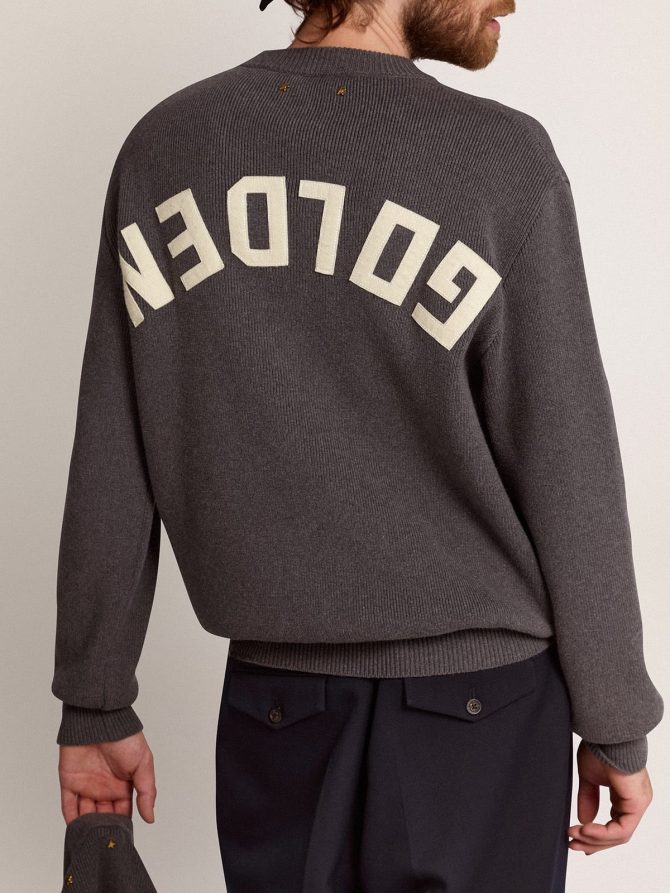 Men’s round-neck sweater in dark gray cotton with logo on the back - Image 4