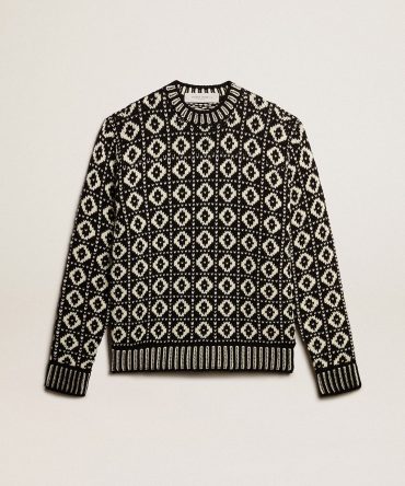 Round-neck sweater with geometric pattern in vintage white and black