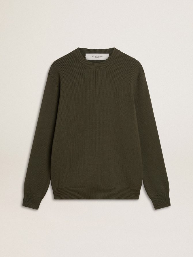 Men’s military green crew neck sweater with ‘Golden’ lettering on the back